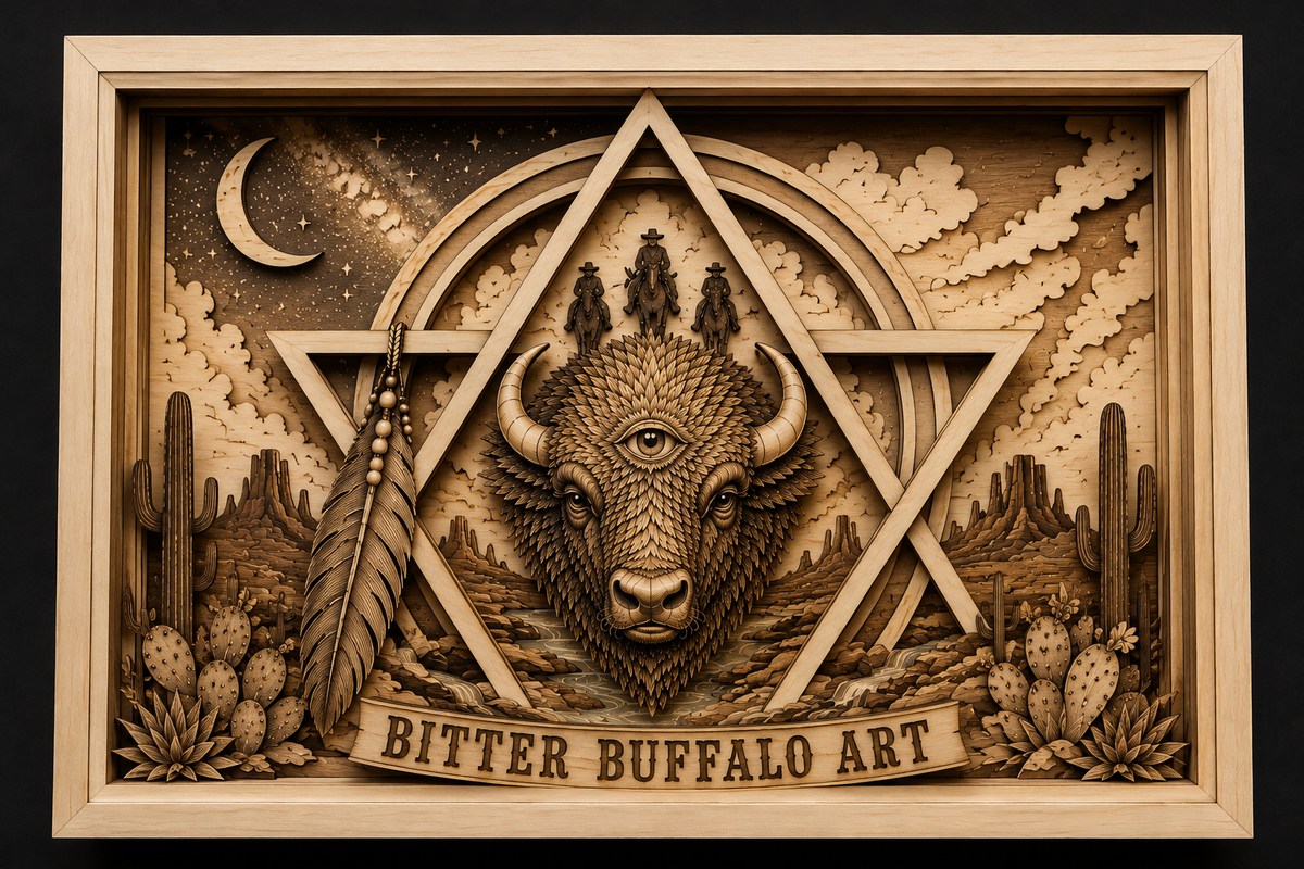 Layered wood Bitter Buffalo Art commission with a buffalo, sacred geometry, and branded banner
