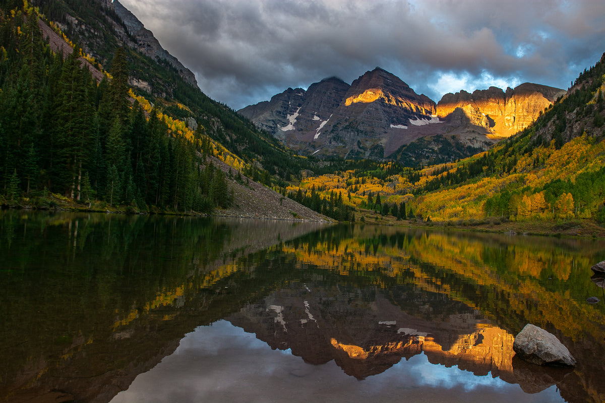 Maroon Bells Dawn fine art photography print by Bitter Buffalo Art, Colorado.