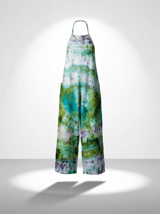 Small Alpine Lagoon Tie-Dye Jumpsuit — one-of-a-kind hand-dyed apparel by Bitter Buffalo Art, Breckenridge, Colorado.