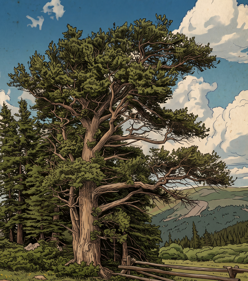 A stylized landscape illustration featuring a large old tree with dense green foliage and brown branches, set against a blue sky with white clouds and distant hills.