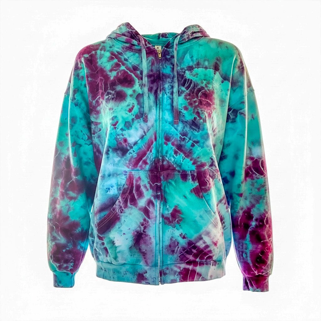 3XL Glacial Bloom Tie-Dye Hoodie — one-of-a-kind hand-dyed apparel by Bitter Buffalo Art, Breckenridge, Colorado.