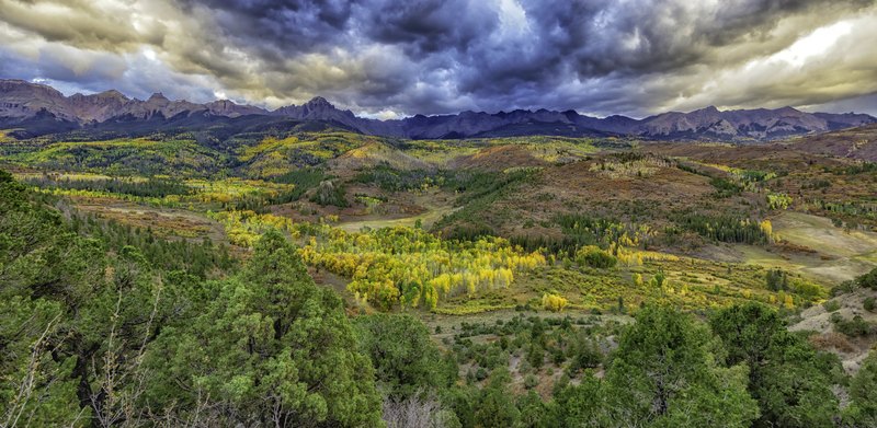 A high view of a mountain valley with golden aspen groves winding through dark evergreens, jagged peaks, and heavy storm clouds with gold light at the edges.
