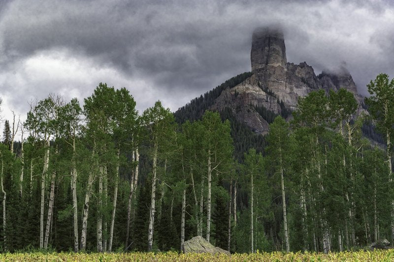 A row of green aspens and a grey boulder sit below a layered mountain with a tall rock spire, partly wrapped in dark storm clouds.