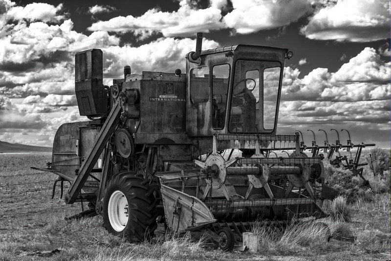 A black-and-white photograph of a weathered McCormick International combine harvester in dry grass, with a wire fence, distant hills, and a dark cloudy sky.